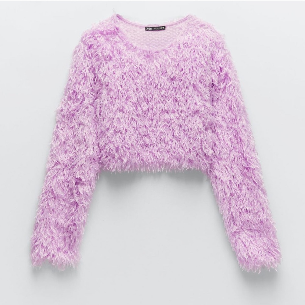 ZARA Sweater Fuzzy Shaggy Crop Lilac Purple